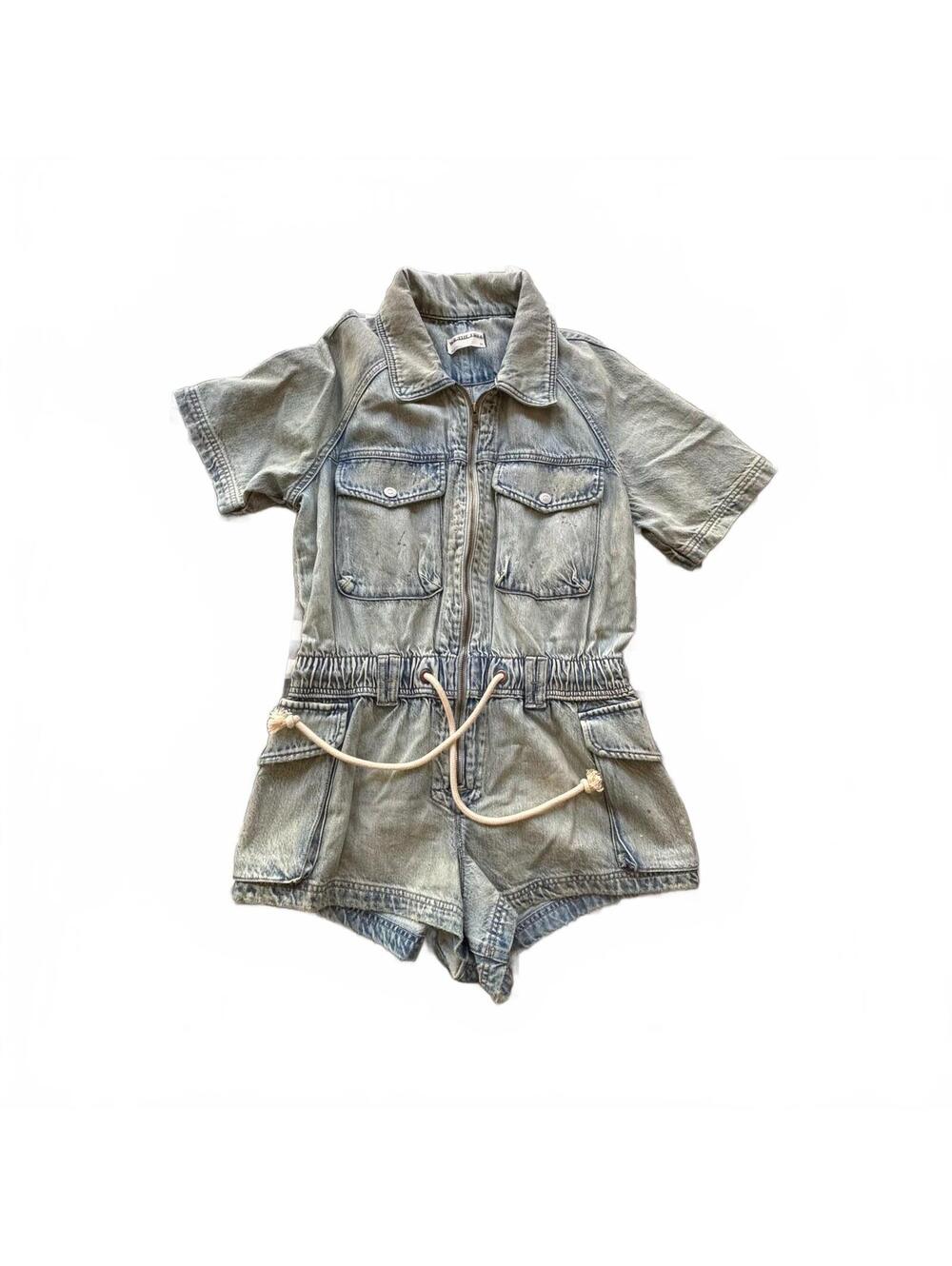 We The Free Free People Blue Distressed Denim Shortall Overall Jumpsuit Romper